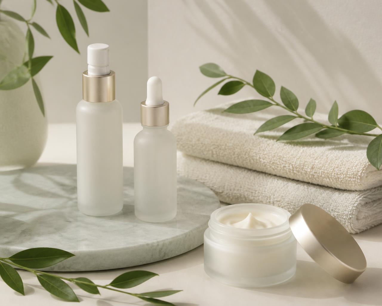 Minimal skincare bottles and cream jar with green leaves