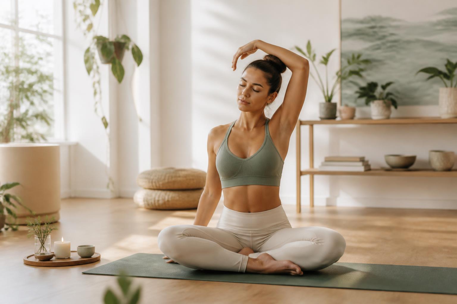 Woman stretching calmly on a yoga mat in a bright, plant-filled room