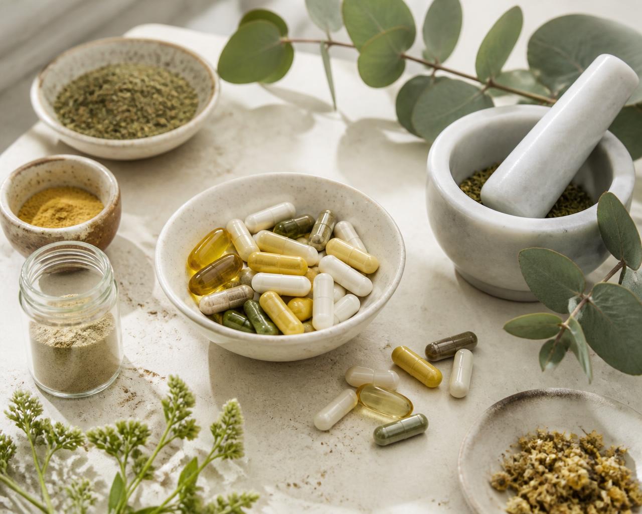 Herbal powders, capsules and botanical ingredients on a cream stone surface