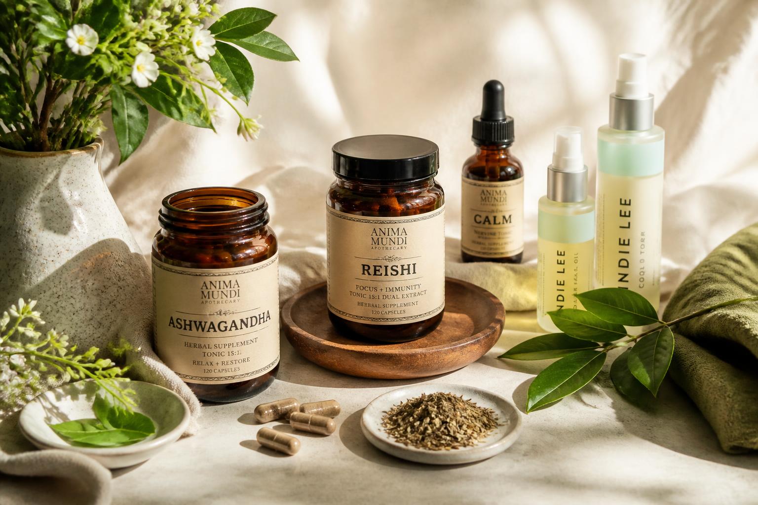 Natural herbal supplements, botanicals and skincare arranged on soft linen